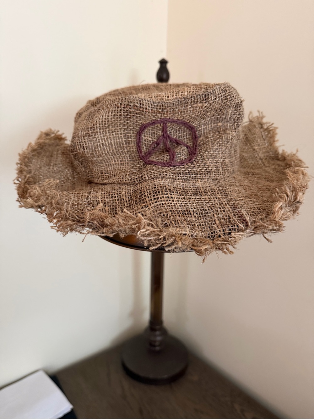 Handwoven Burlap Peace Sign Hat in Natural Brown